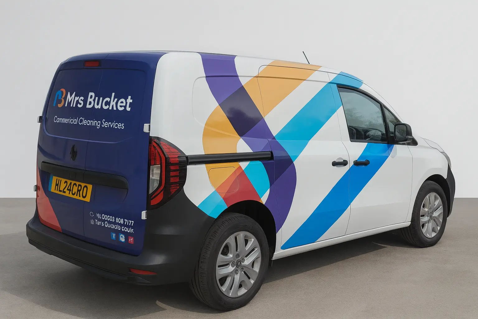 Mrs Bucket commercial cleaning van wrapped with colourful vehicle graphics by Daniel Signs