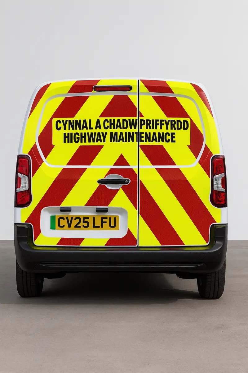 Bilingual Highway Maintenance van with red and fluorescent yellow Chapter 8 chevrons